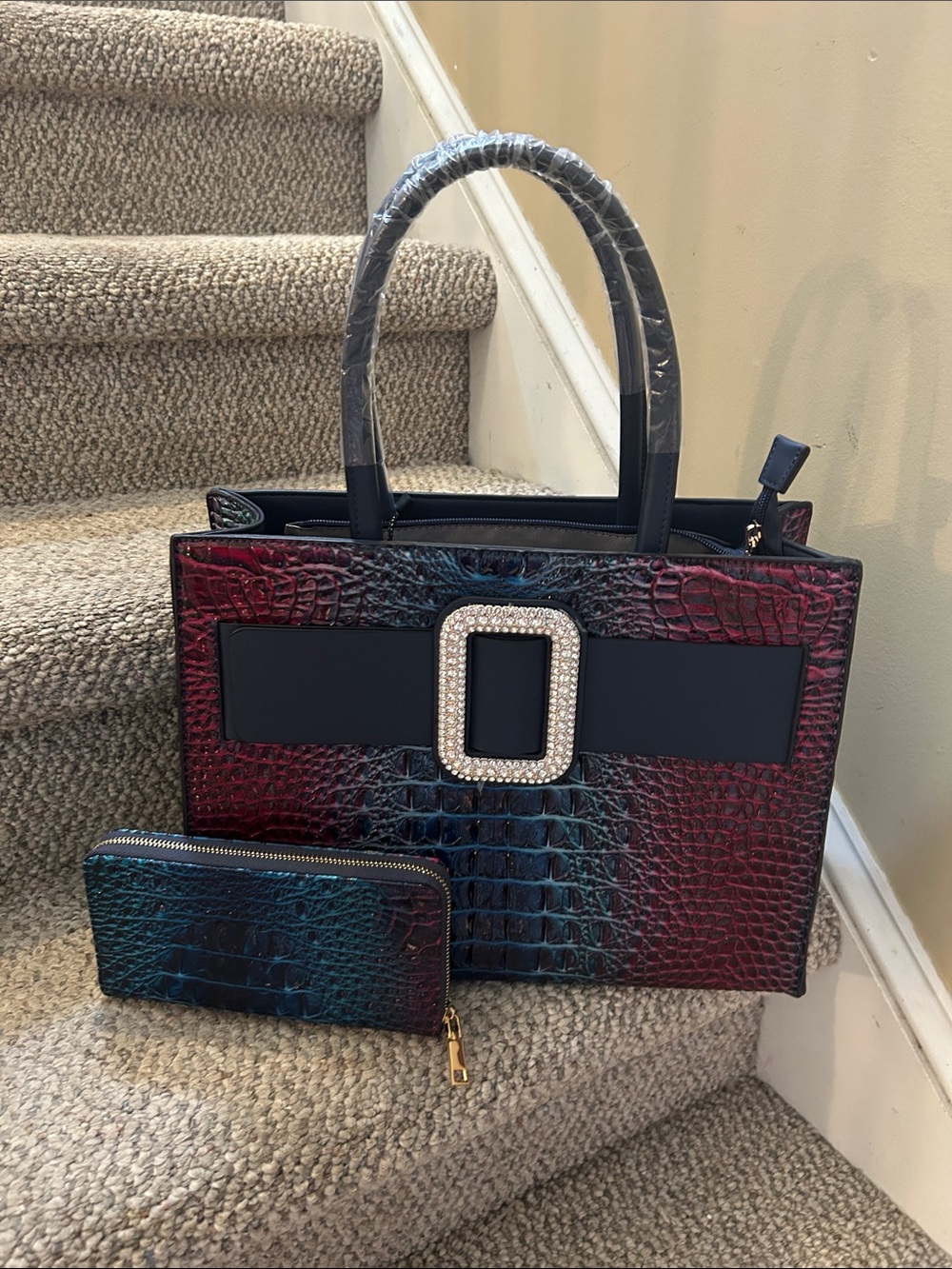 Structured Croc-Embossed Tote with Gem Buckle - Burgundy & Teal